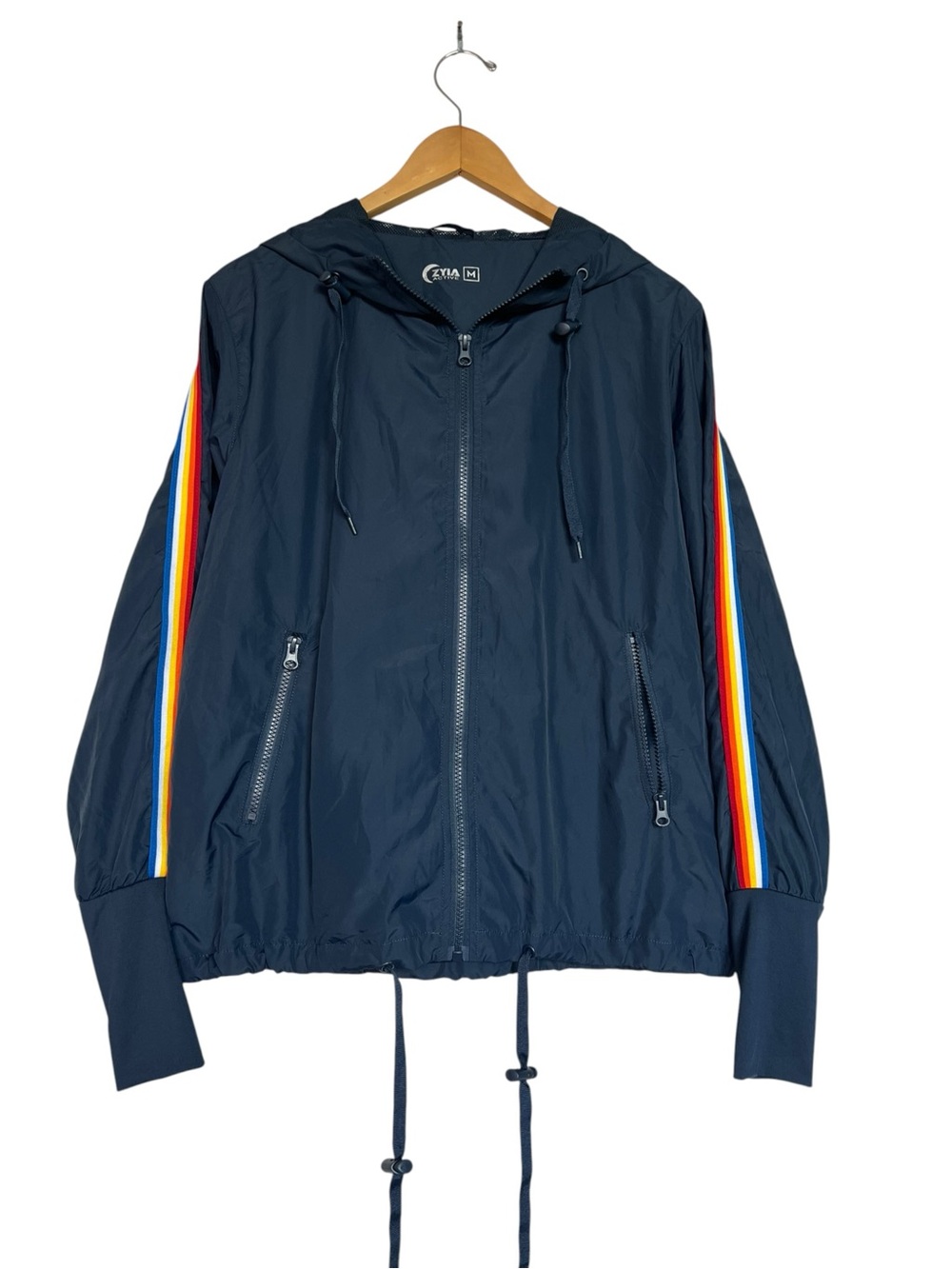Zyia Women’s M Navy Hooded Full Zip Windbreaker w/ Rainbow Sleeve Stripes Jacket